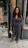 Women Casual Washed Zip Top and Pant Two Piece Set