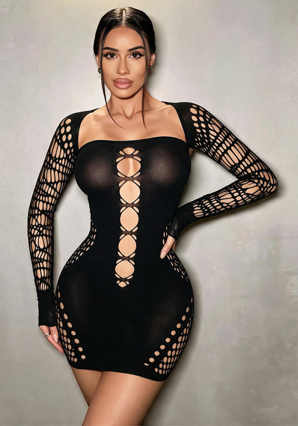 Women Long Sleeve Fishnet Hollow Out Sexy Knitting Bodycon Dress
