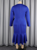 Plus Size Women Blue Beaded V-Neck Long Sleeve Bowknot Mermaid Maxi Dress