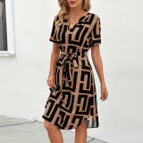 Women Summer Short Sleeve Plaid Belted V-Neck Dress