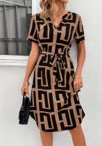 Women Summer Short Sleeve Plaid Belted V-Neck Dress