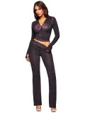 Women Printed Hooded Long-Sleeve Thumb Button Top and Pant Two-Piece Set