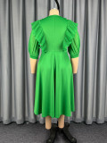 Plus Size Women Solid Dress Pleated Ruffle Edge 3/4 Sleeve Formal Party Dress