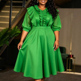 Plus Size Women Solid Dress Pleated Ruffle Edge 3/4 Sleeve Formal Party Dress
