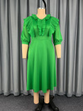 Plus Size Women Solid Dress Pleated Ruffle Edge 3/4 Sleeve Formal Party Dress