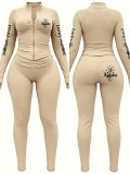 Women Printed Long Sleeve Zip Top and Pant Two Piece Set