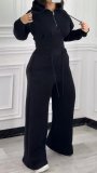 Women’s Fall Winter Zip Pocket Drawstring Ruched Hooded Lace Up Wide Leg Pants Tracksuit Set