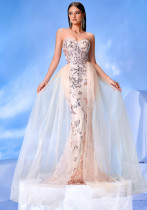 Women’s Beige Mesh Strapless Shiny Floral Elegant Formal Party Evening Gown Women’s Beige Mesh Strapless Shiny Floral Elegant Formal Party Evening Gown