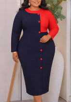 Women’s Plus Size Chic Career Round Neck Long Sleeve Colorblock Button Slim Fit Bodycon Dress