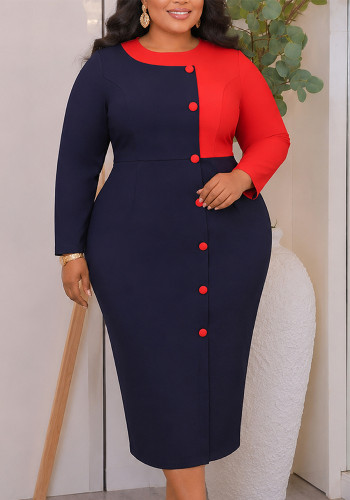 Women’s Plus Size Chic Career Round Neck Long Sleeve Colorblock Button Slim Fit Bodycon Dress