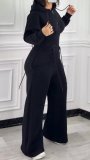 Women’s Fall Winter Zip Pocket Drawstring Ruched Hooded Lace Up Wide Leg Pants Tracksuit Set