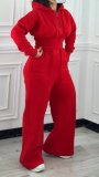 Women’s Fall Winter Zip Pocket Drawstring Ruched Hooded Lace Up Wide Leg Pants Tracksuit Set