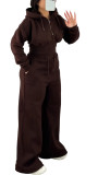Women’s Fall Winter Zip Pocket Drawstring Ruched Hooded Lace Up Wide Leg Pants Tracksuit Set