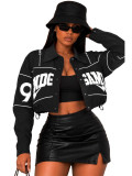 Women’s Letter Embroidered Zip Turn Down Collar Drawstring Cropped Button Top