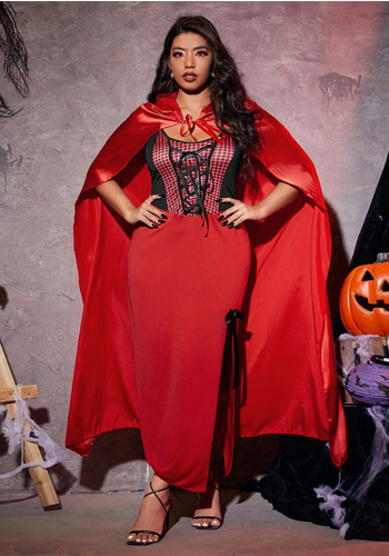 Women’s Plus Size Halloween Red Witch Costume Hooded Cape Maxi Dress