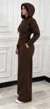 Women’s Fall Winter Zip Pocket Drawstring Ruched Hooded Lace Up Wide Leg Pants Tracksuit Set