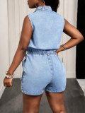 Women’s Sleeveless Stand Collar Pocket Denim Romper with Shorts