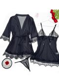 Women’s Lace Mesh Three Piece Lingerie Set with Deep V Neck See Through Slip Robe and Thong