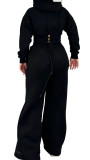 Women’s Fall Winter Zip Pocket Drawstring Ruched Hooded Lace Up Wide Leg Pants Tracksuit Set
