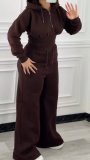 Women’s Fall Winter Zip Pocket Drawstring Ruched Hooded Lace Up Wide Leg Pants Tracksuit Set