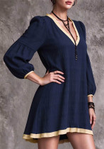 Women’s Plus Size Colorblock V Neck Lantern Sleeve Loose Fit Mini Dress
