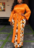 Women’s Plus Size African Orange Satin Bow Printed Formal Party Long Dress