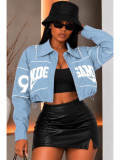 Women’s Letter Embroidered Zip Turn Down Collar Drawstring Cropped Button Top