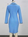 Women’s Luxury Sequin Trim V Neck Turn Down Collar Long Sleeve Slim Fit Slit Bodycon Dress