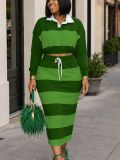 Women’s Chic Casual Striped Polo Shirt and Skirt Two Piece Set