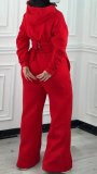 Women’s Fall Winter Zip Pocket Drawstring Ruched Hooded Lace Up Wide Leg Pants Tracksuit Set