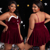 Women’s Burgundy Christmas Fuzzy Patchwork Low Back Strap Dress Lingerie