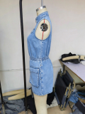 Women’s Sleeveless Stand Collar Pocket Denim Romper with Shorts