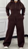 Women’s Fall Winter Zip Pocket Drawstring Ruched Hooded Lace Up Wide Leg Pants Tracksuit Set