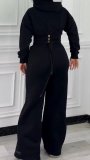 Women’s Fall Winter Zip Pocket Drawstring Ruched Hooded Lace Up Wide Leg Pants Tracksuit Set