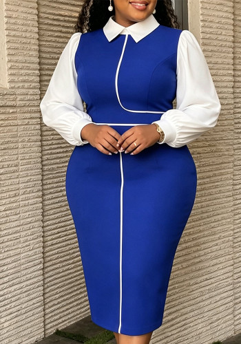 Women’s Plus Size Colorblock Bow Long Sleeve Round Neck Slim Fit Midi Formal Dress