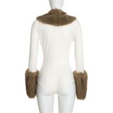 Women’s Fall Winter Solid Color Casual Deep V Neck Fur Patchwork Long Sleeve Slim Fit Bodysuit