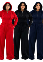 Women’s Fall Winter Zip Pocket Drawstring Ruched Hooded Lace Up Wide Leg Pants Tracksuit Set