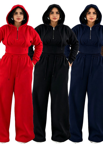 Women’s Fall Winter Zip Pocket Drawstring Ruched Hooded Lace Up Wide Leg Pants Tracksuit Set