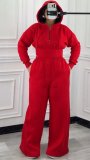 Women’s Fall Winter Zip Pocket Drawstring Ruched Hooded Lace Up Wide Leg Pants Tracksuit Set