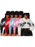 Women’s Letter Embroidered Zip Turn Down Collar Drawstring Cropped Button Top
