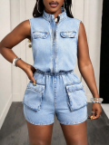 Women’s Sleeveless Stand Collar Pocket Denim Romper with Shorts