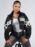 Women’s Letter Embroidered Zip Turn Down Collar Drawstring Cropped Button Top