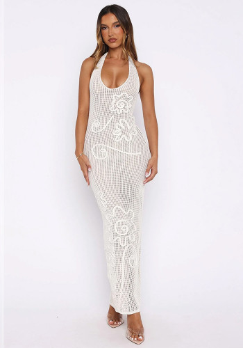 Women’s Summer Solid Color Textured Halter Neck Strap Cutout Low Neck Cover Up Dress