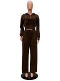 Women’s Fall Winter Zip Pocket Drawstring Ruched Hooded Lace Up Wide Leg Pants Tracksuit Set