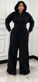 Women’s Fall Winter Zip Pocket Drawstring Ruched Hooded Lace Up Wide Leg Pants Tracksuit Set