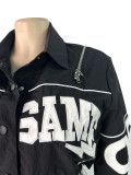 Women’s Letter Embroidered Zip Turn Down Collar Drawstring Cropped Button Top
