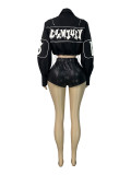 Women’s Letter Embroidered Zip Turn Down Collar Drawstring Cropped Button Top
