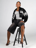 Women’s Letter Embroidered Zip Turn Down Collar Drawstring Cropped Button Top