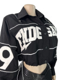 Women’s Letter Embroidered Zip Turn Down Collar Drawstring Cropped Button Top