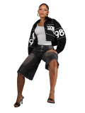 Women’s Letter Embroidered Zip Turn Down Collar Drawstring Cropped Button Top